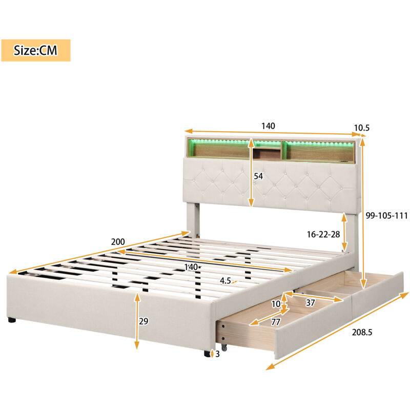 Letto 140 x 200 con rete a doghe con USB e LED, letto baule 140 x 200, letto matrimoniale con cassetti, letto adulto legno, letto matrimoniale, telaio letto con rete a doghe
