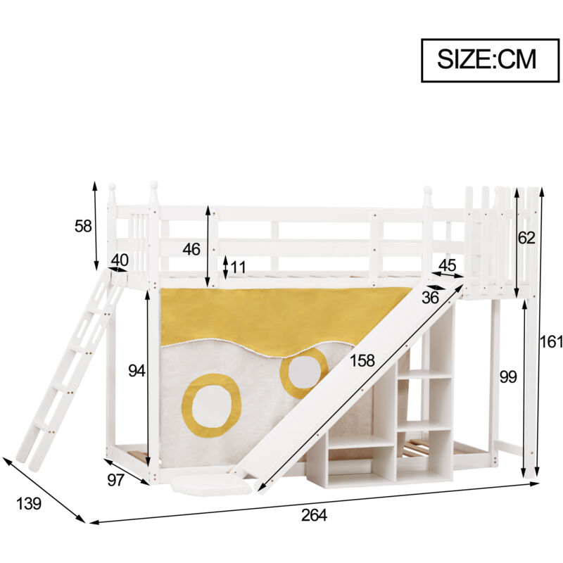 Letto A Castello Con Letto Estraibile - 90x200 E 120x200, Con Armadio E Scala - Bianco/Naturale - Foto 9
