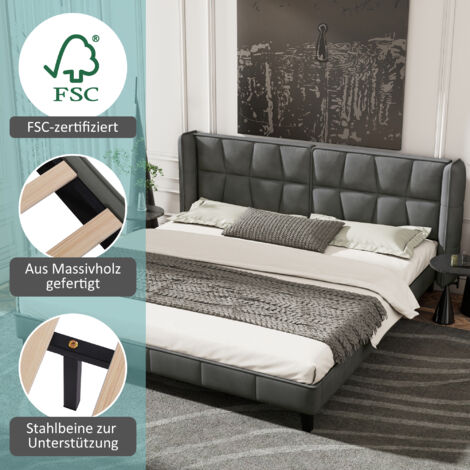 Letto Matrimoniale 140x200 Cm Con Testiera Imbottita - Grigio Scuro, Rete A Doghe Legno, Struttura Metallica - Foto 3
