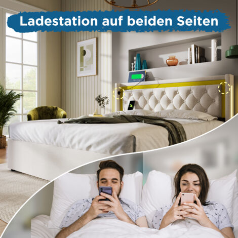 Letto contenitore Letto matrimoniale per adulti 160 x 200 cm con USB Type C e LED. Beige (1/5)