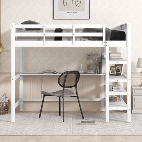 Letto a soppalco con scrivania, letto a soppalco per bambini 140x200 cm con contenitore, struttura letto in pino, bianco