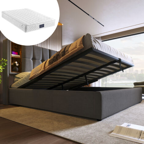Letto contenitore Letto matrimoniale imbottito 160 x 200 cm con ricarica wireless USB C, rete a doghe in legno e cotone grigio, materasso incluso