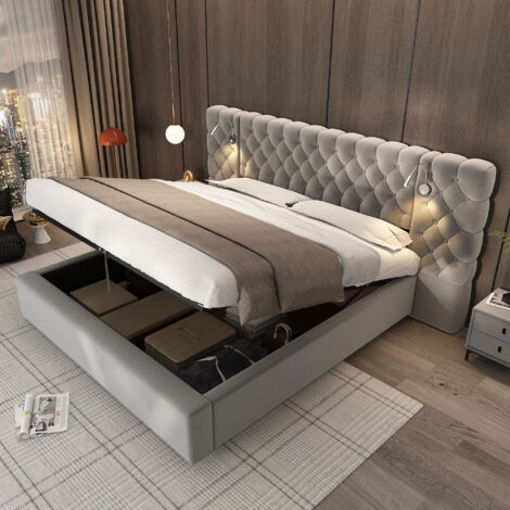 Letto contenitore 180x200 cm, letto 160x200 cm con illuminazione LED, testiera ampia e morbida, lampada con illuminazione, velluto, grigio
