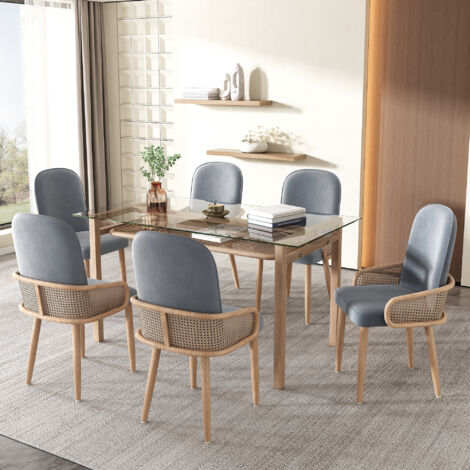 Set di 6 sedie da pranzo in velluto con gambe in metallo effetto legno, design in rattan, grigio