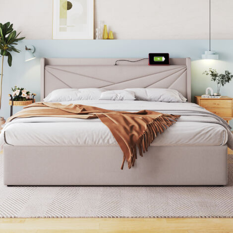 Letto contenitore Letto matrimoniale per adulti 160 x 200 cm. Ricarica USB tipo C. In lino. Beige. Materasso incluso