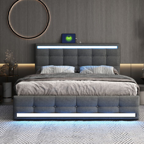 Letto matrimoniale con testiera USB, 140x200 cm, Senza materasso