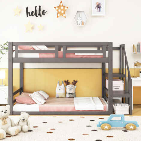 Strutture letto a castello 90x200 cm, letto per bambini con 2 cassetti, scaletta contenitore, sponde alte, Bianco
