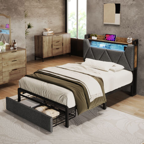 Letto Singolo Imbottito Con LED E Ricarica USB/Type-C – Con Contenitore Idraulico, Velluto Grigio 90x200 Cm