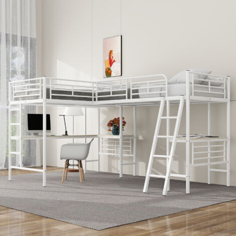 Letto a soppalco con scrivania, letto a soppalco 2 posti, letto a soppalco 90x200 cm, doppia scala, struttura letto in metallo, bianco