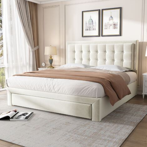 Letto contenitore Letto matrimoniale imbottito per adulti 140 x 200 cm con 2 cassetti e rete a doghe in legno, velluto, beige