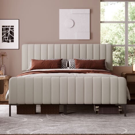 Letto per adulti Letto matrimoniale imbottito 180 x 200 cm, struttura letto con testiera regolabile, lino, grigio e beige