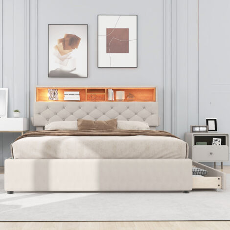 Letto Imbottito In Velluto, Cassetti In Robusta Rete Metallica, Letto Matrimoniale Con Rete A Doghe E 4 Cassetti Letto 140 X 200 Cm Senza Materasso Grigio Okwish 79083040