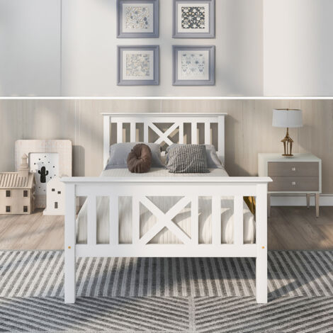 Letto per adulti Letto per adolescenti Letto singolo Letto in legno 90 x 200 cm con rete a doghe e testiera, bianco