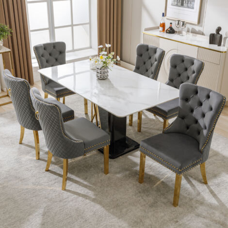 Set di 6 sedie da pranzo in velluto con finiture a borchie, gambe in acciaio inossidabile placcato oro, grigio e oro