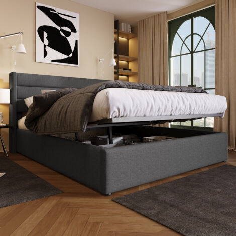 Letto contenitore 160x200 cm, letto per adulti, letto matrimoniale imbottito con rete a doghe, lino, grigio, senza materasso, senza base