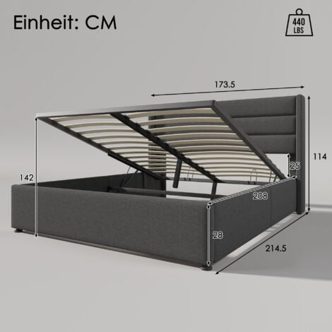 Letto contenitore 160x200 cm, letto per adulti, letto matrimoniale imbottito con rete a doghe, lino, grigio, senza materasso, senza base