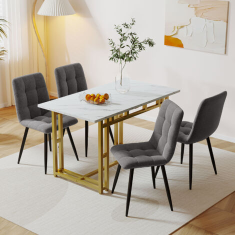 Set da pranzo bianco 120 x 70 cm con 4 sedie in velluto grigio. tavolo con gambe in ferro dorato