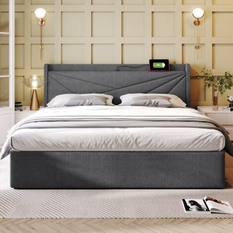 Letto contenitore Letto matrimoniale per adulti 160 x 200 cm. Ricarica USB tipo C. In lino. Grigio. Senza materasso