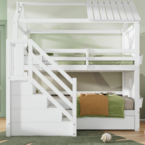 Letto A Castello In Legno Massello Per Bambini 90x200 Cm - Multifunzionale Con Scala, Recinzione Alta, Piccola Porta, Bianco - 4