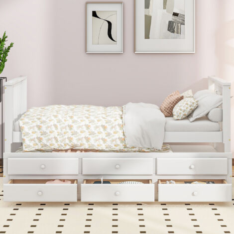 Merax Lettino per bambini 90 x 200 cm con cassetti e telaio a doghe, robusto letto in legno, senza materasso, adatto per letto singolo per neonati, bambini e ragazzi, bianco