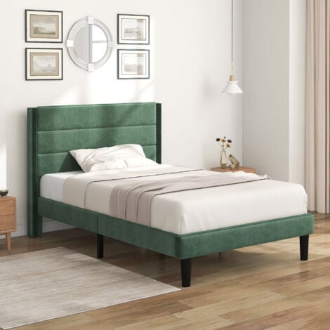 Letto per adulti Letto singolo imbottito per ragazzi 90 x 200 cm con rete a doghe e testiera, rivestimento tessile in velluto verde scuro, senza materasso