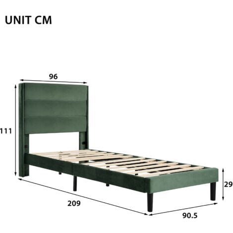 Letto per adulti Letto singolo imbottito per ragazzi 90 x 200 cm con rete a doghe e testiera, rivestimento tessile in velluto verde scuro, senza materasso