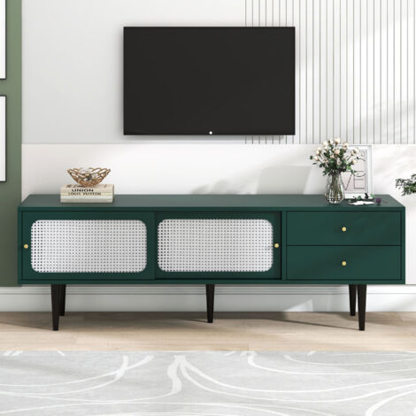 Mobile TV basso con 2 cassetti, 2 ante scorrevoli in rattan e 4 scomparti per la conservazione, rustico, piedini in metallo, multiuso, per soggiorno, sala da pranzo, camera da letto, 160 x
