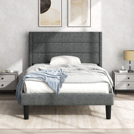 Letto per adulti Letto singolo imbottito per ragazzi 90 x 200 cm con rete a doghe e testiera, rivestimento in tessuto di lino grigio, senza materasso