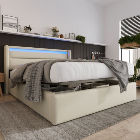 Letto contenitore Letto matrimoniale per adulti 140 x 200 cm con LED e telecomando, bianco