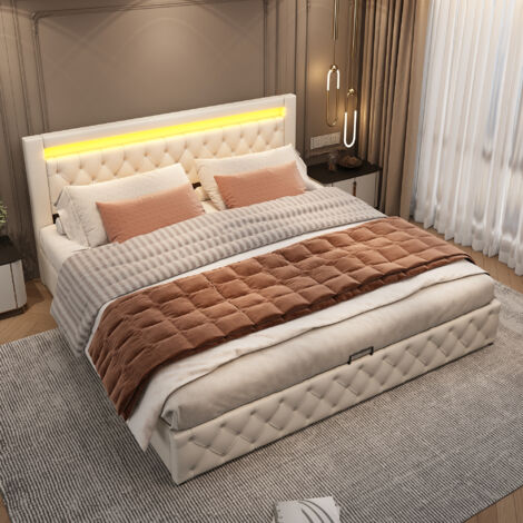 Letto contenitore Letto matrimoniale imbottito 180 x 200 cm con rete a doghe illuminazione LED, PU, ​​bianco