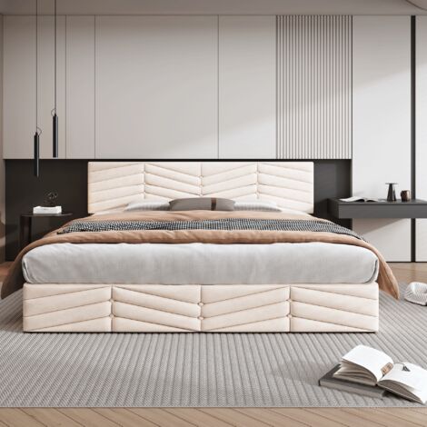 Letto contenitore Letto matrimoniale imbottito per adulti 180 x 200 cm con testiera regolabile in altezza, velluto, beige