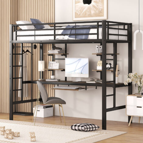 Letto a soppalco con scrivania, letto a soppalco per bambini 90x200 cm con 2 ripiani, letto a soppalco per ragazzi, struttura letto in metallo, nero