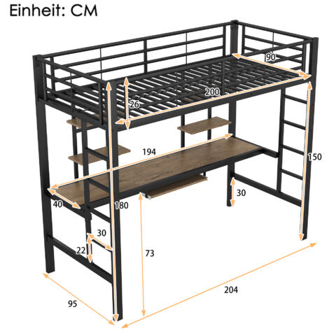 Letto a soppalco con scrivania, letto a soppalco per bambini 90x200 cm con 2 ripiani, letto a soppalco per ragazzi, struttura letto in metallo, nero