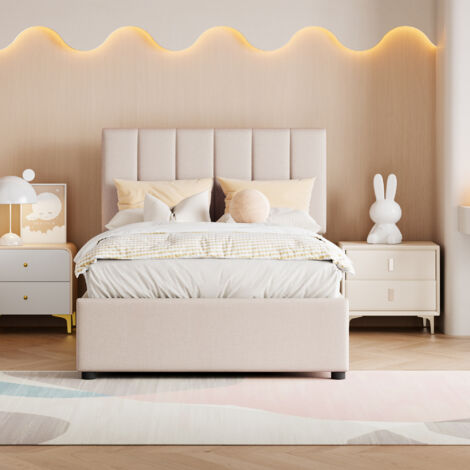 Letto contenitore Letto singolo per adulti 90 x 200 cm, idraulico, lino delicato sulla pelle, beige