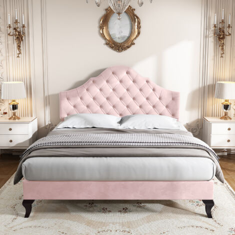 Letto per adulti Letto per ragazzi Letto matrimoniale imbottito 140 x 200 cm con rete a doghe e testiera, in velluto, rosa