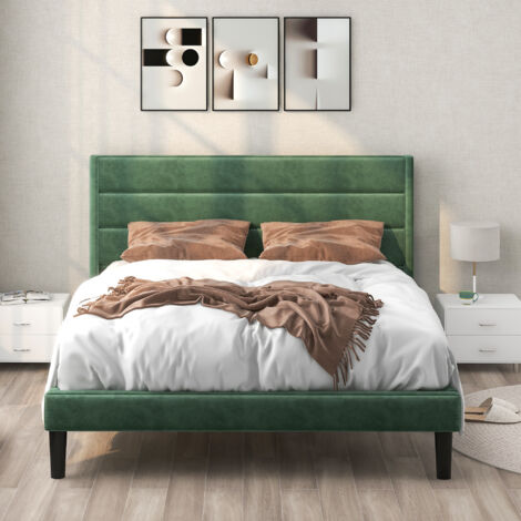Letto per adulti Letto matrimoniale imbottito per ragazzi 140 x 200 cm con rete a doghe e testiera, rivestimento tessile in velluto verde scuro, senza materasso