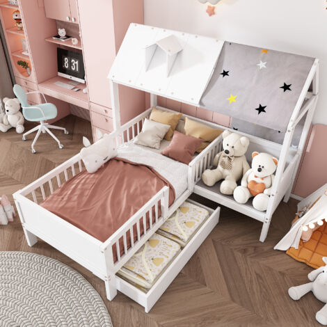 Letti a casetta per bambini 90 x 200 cm in legno con cassetto in basso, senza materasso, bianco