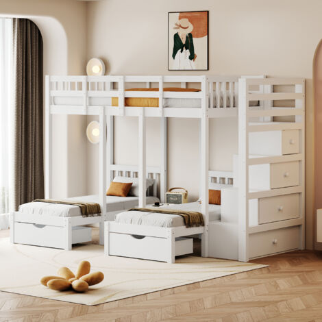 Letto A Castello 3 Posti In Legno Massello 90x200 Cm – Struttura Salvaspazio Con Scala Laterale E Parapetti Di Sicurezza