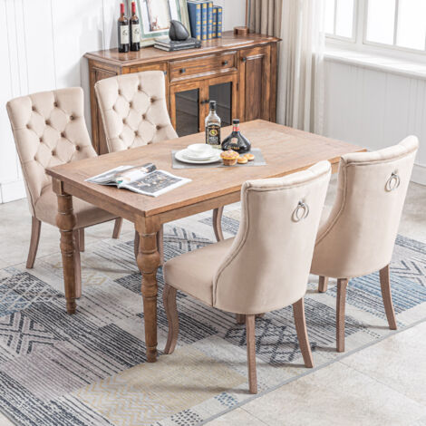 Set di 4 sedie da pranzo in velluto, schienale alto, gambe in legno, beige (1/5)