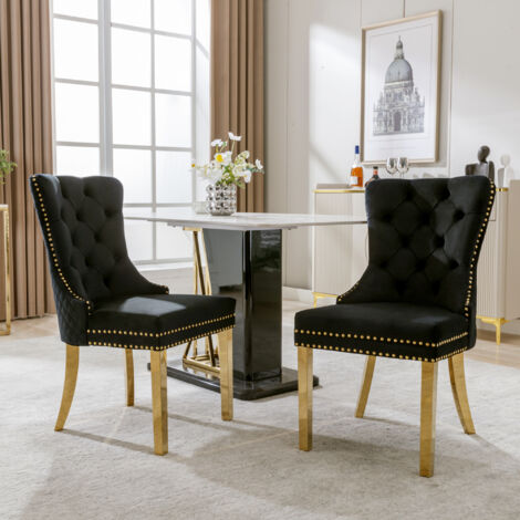 Set di 2 sedie da pranzo in velluto con finiture a borchie, gambe in acciaio inossidabile placcato oro, nero e oro
