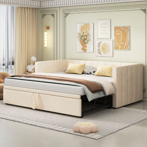 Letto estraibile 90/180 x 200 cm con rete a doghe. divano letto. Letto multifunzionale in morbido tessuto di velluto. Beige (1/5)