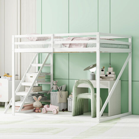 Letto A Soppalco 2 Posti 140x200 Cm Con Scrivania, Armadio E Scale Contenitore - Bianco/Nero - 2