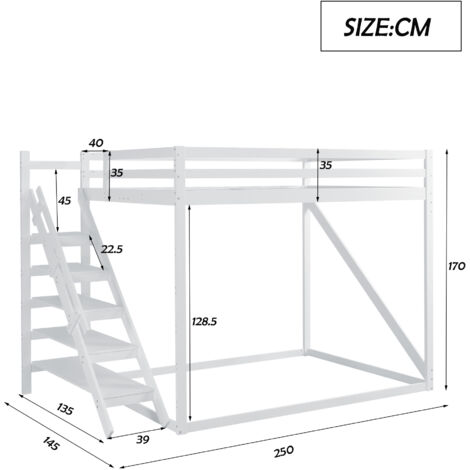 Letto A Soppalco 2 Posti 140x200 Cm Per Bambini E Ragazzi - Con Scala Armadio, Recinzione Di Sicurezza, Contenitore, Bianco