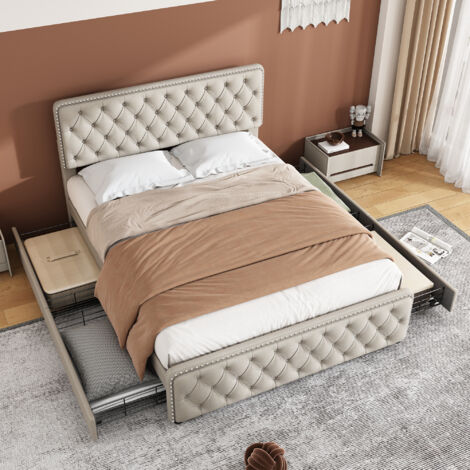 Struttura Letto 160x200 LED E USB, Letto Matrimoniale Con 4 Cassetti Testiera Con Contenitore Lino Grigio