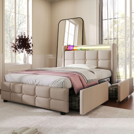 Letto 90x200 cm con cassetto, letto a led per adulti, letto imbottito beige con funzione di ricarica USB, struttura letto con 2 cassetti, materasso incluso