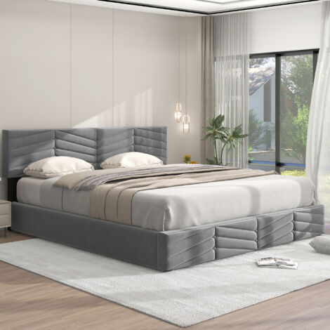 Letto contenitore Letto matrimoniale imbottito per adulti 180 x 200 cm con testiera regolabile in altezza, velluto, grigio