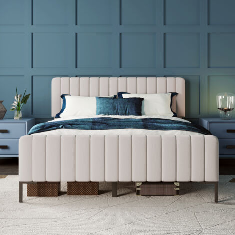 Letto per adulti Letto matrimoniale imbottito 160 x 200 cm, struttura letto con testiera regolabile, lino, grigio e beige