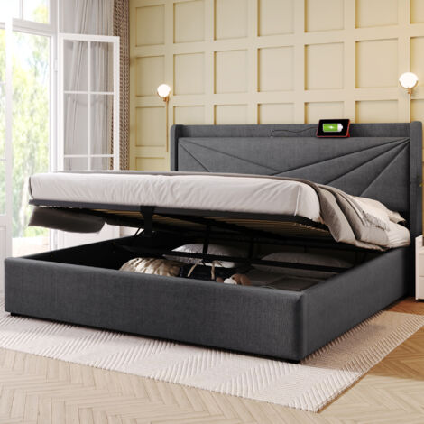 Letto contenitore Letto matrimoniale per adulti 140 x 200 cm. Ricarica USB tipo C. In lino. Grigio. Materasso incluso