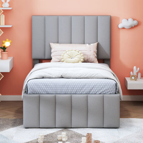 Letto per bambini Letto imbottito 90 x 200 cm con rotelle e cassetti, rivestimento in lino delicato sulla pelle, grigio