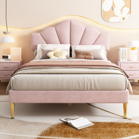 Letto matrimoniale imbottito per adulti 140 x 190 cm a forma di conchiglia. rosa
